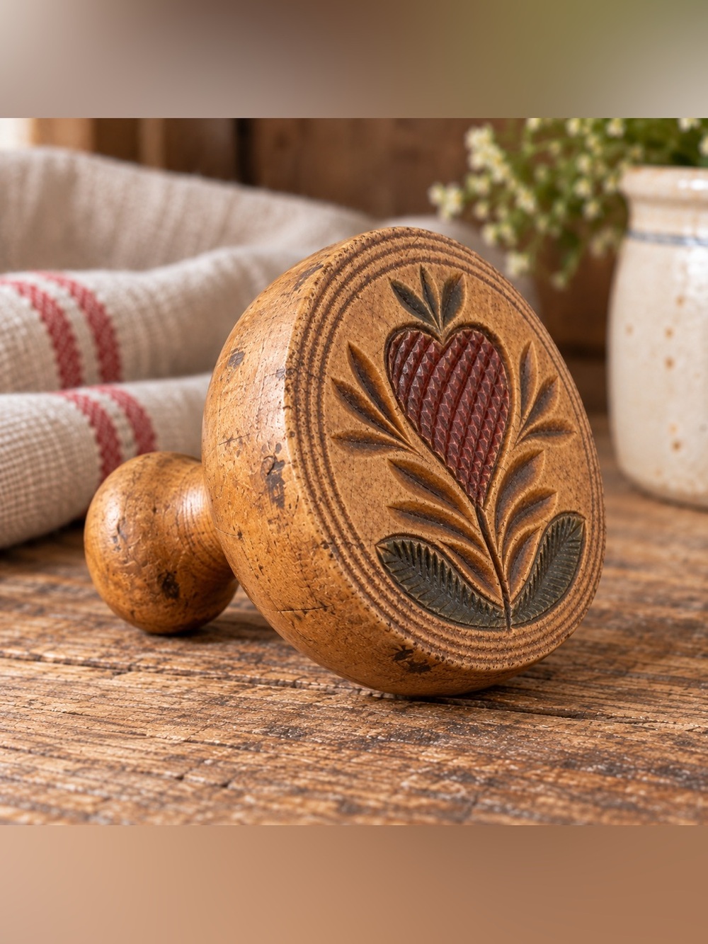 Hand Carved Floral Wood Butter Mold Primitive Farmhouse Decor